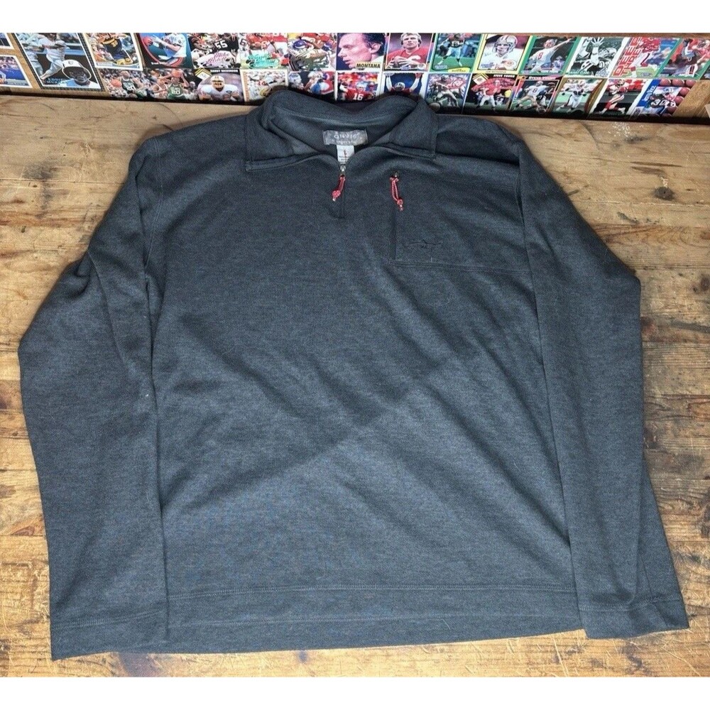 Orvis Troutbum 1/4th Zip Sweater Gray Red Men’s Medium Sweatshirt Cell Pocket